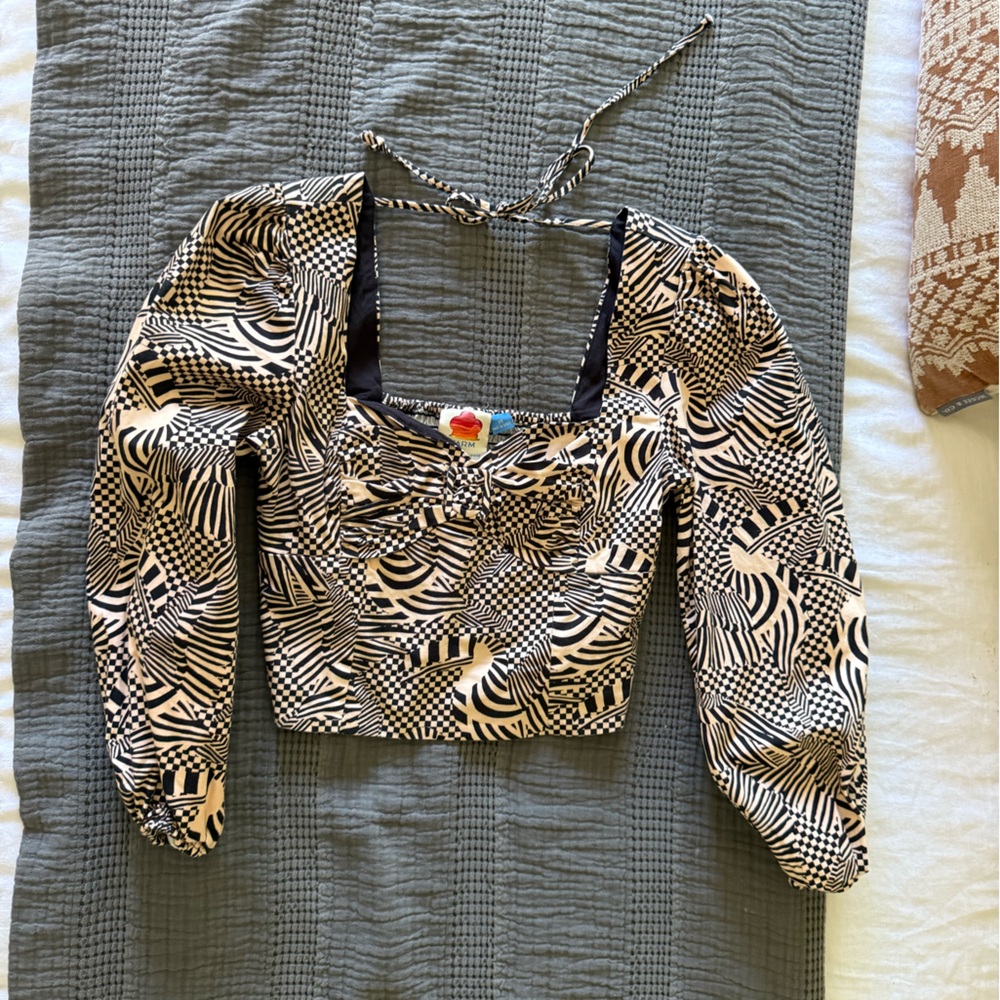 FARM Rio for Anthropologie Black and Cream Geometric Top